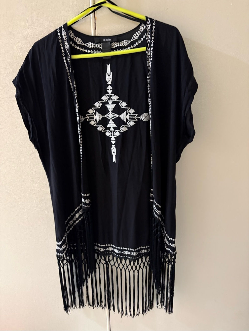 Ali miles black kimono with western white embroidery